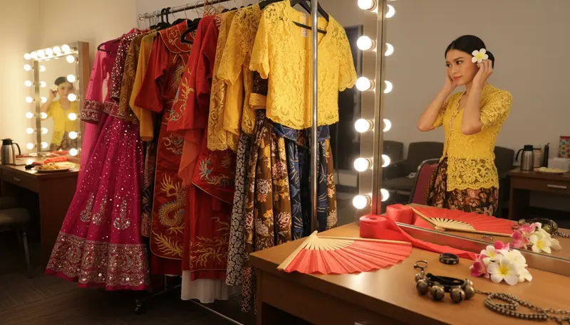 Backstage before a cultural dance performance in Singapore with costumes on a rack, silk fans and ribbons on a table and a dancer getting ready
