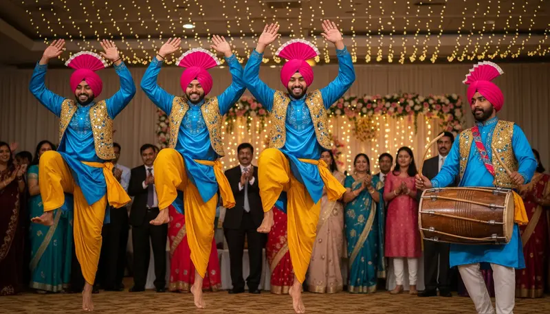 Bhangra dancers in colourful kurtas and turbans dancing to a dhol drummer at an evening event in Singapore