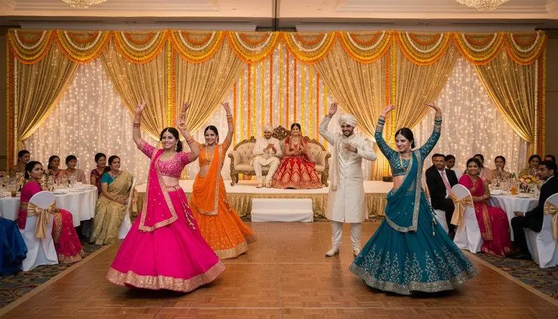 Bollywood dancers in lehengas performing for the couple and guests at an Indian wedding reception in Singapore