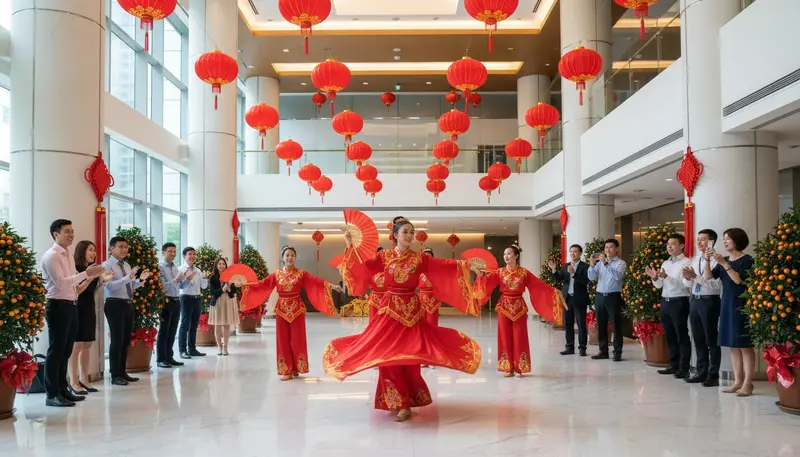 Chinese dancers in red silk costumes performing a fan dance for Chinese New Year in a Singapore office lobby decorated with red lanterns