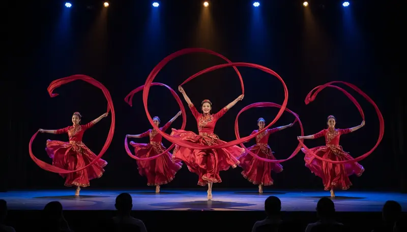 Chinese ribbon dance in Singapore with dancers swirling long red and gold silk ribbons on a stage