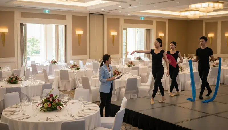 Cultural dancers in rehearsal clothes checking the stage space with an event planner in an empty Singapore hotel ballroom