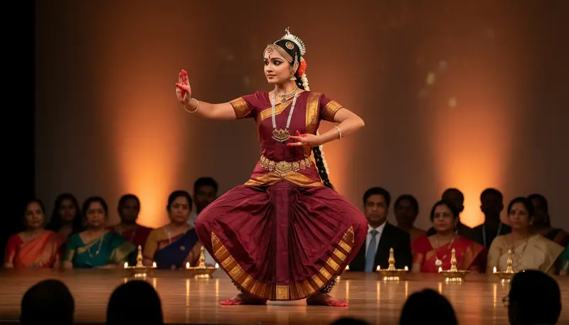 Indian classical dancer in a Bharatanatyam costume performing on a stage at an event in Singapore