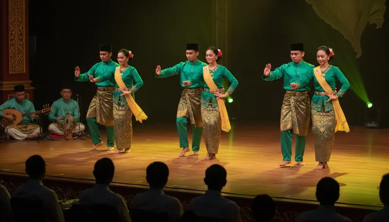 Malay dance performance in Singapore with zapin dancers in baju Melayu and baju kurung dancing in pairs on a stage