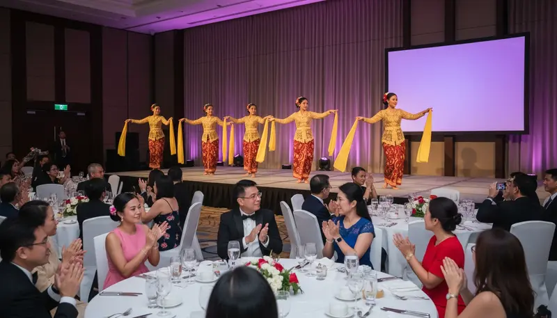 Malay dancers in kebaya performing a cultural dance item at a company dinner and dance in a Singapore hotel ballroom